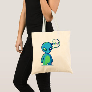 Cute Blue Alien Saying Hello Tote Bag