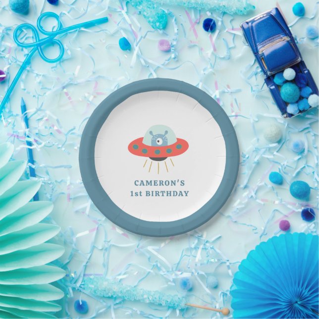 Cute Blue Alien Spaceship Kid's Birthday Party Paper Plate (Party)