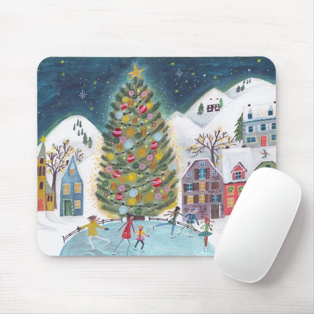 Cute blue Alpine ski lodge skating Christmas Mouse Pad (With Mouse)