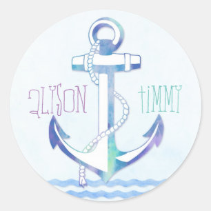 Cute Blue Anchor Nautical Wedding Classic Round Sticker