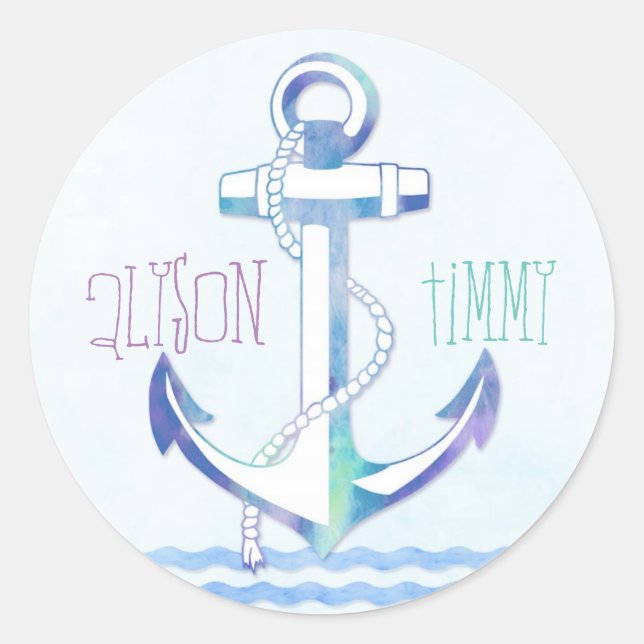 Cute Blue Anchor Nautical Wedding Classic Round Sticker (Front)