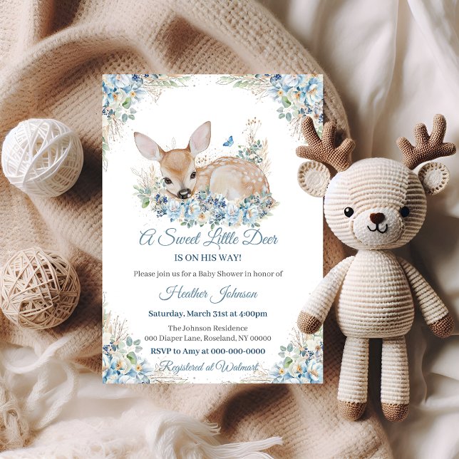 Cute Blue and Beige Floral Deer Baby Shower Invitation (Creator Uploaded)