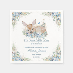 Cute Blue and Beige Floral Deer Baby Shower Napkin