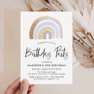 Cute Blue and Brown Rainbow Birthday Party Invitation