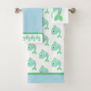 Cute Blue and Green Fish Bath Towel Set