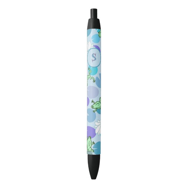 Cute Blue and Green Frogs Custom Monogram Initial Black Ink Pen (Front Vertical)