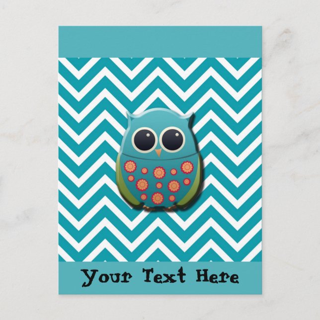 Cute Blue and Green Owl on Blue and White Chevron Postcard (Front)