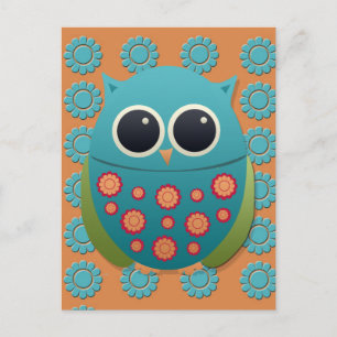 Cute Blue and Green Owl on Orange and Blue Flowers Postcard