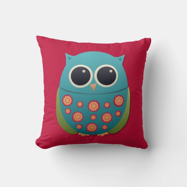 Cute Blue and Green Owl on Red Pillow (Front)
