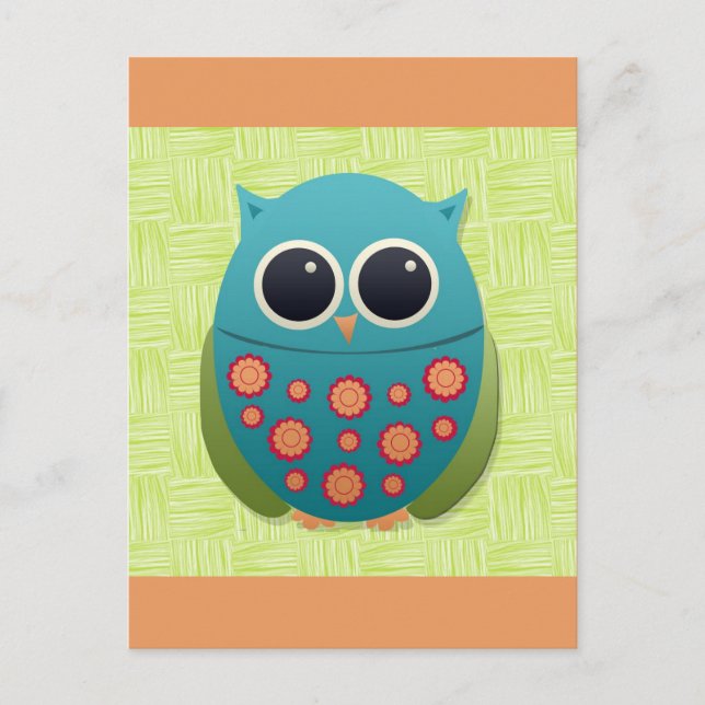 Cute Blue and Green Owl with Red and Yellow Flower Postcard (Front)