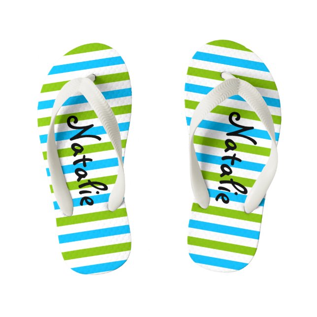 Cute Blue and Green Stripe Personalised Kid's Thongs (Footbed)