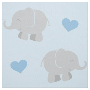 Cute Blue and Grey Elephants and Hearts Pattern Fabric