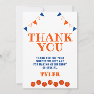 Cute Blue and Orange Sports Basketball Birthday Thank You Card