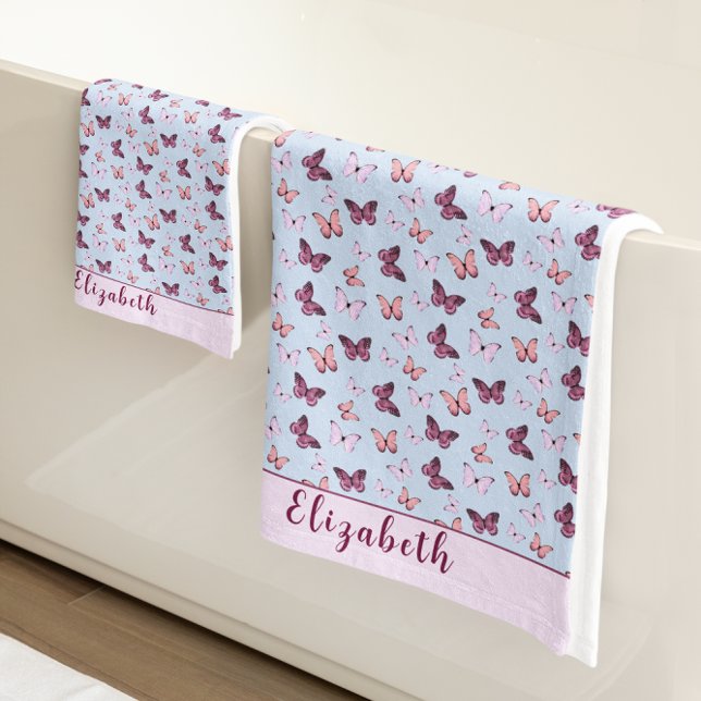 Cute Blue and Pink Butterfly Custom Name Girly Bath Towel Set (Creator Uploaded)