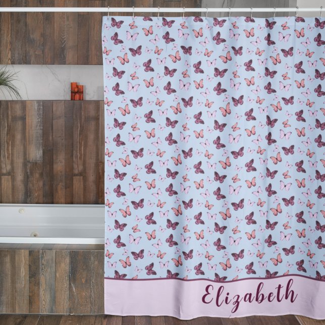 Cute Blue and Pink Butterfly With Name Custom Shower Curtain (Creator Uploaded)