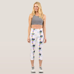 Cute blue and pink dragonfly cartoon illustration capri leggings