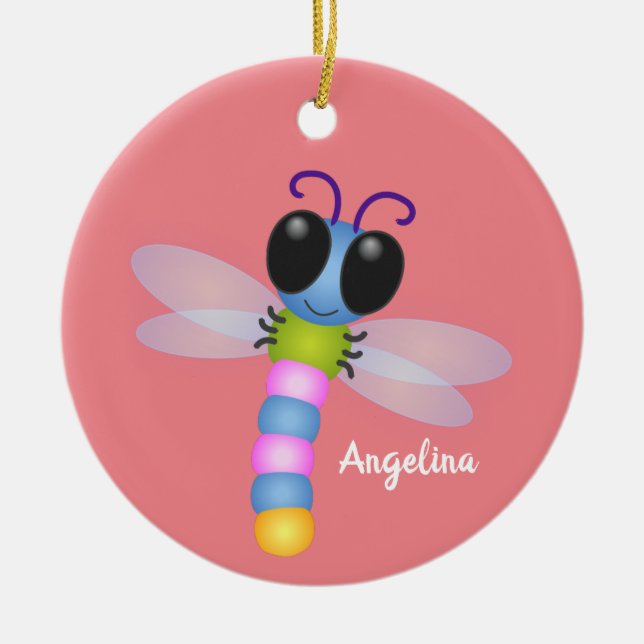 Cute blue and pink dragonfly cartoon illustration ceramic ornament (Front)