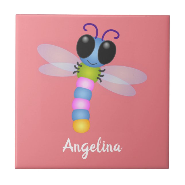 Cute blue and pink dragonfly cartoon illustration ceramic tile (Front)