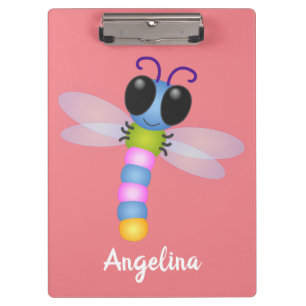 Cute blue and pink dragonfly cartoon illustration clipboard