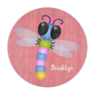 Cute blue and pink dragonfly cartoon illustration cutting board