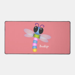 Cute blue and pink dragonfly cartoon illustration desk mat
