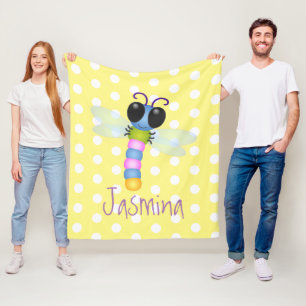 Cute blue and pink dragonfly cartoon illustration fleece blanket