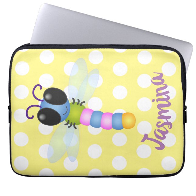 Cute blue and pink dragonfly cartoon illustration laptop sleeve (Front)