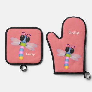 Cute blue and pink dragonfly cartoon illustration oven mitt & pot holder set