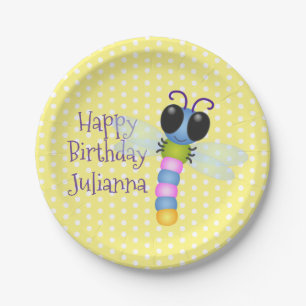 Cute blue and pink dragonfly cartoon illustration paper plate