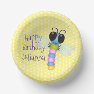 Cute blue and pink dragonfly cartoon illustration paper plate