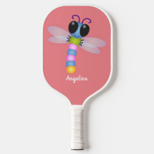 Cute blue and pink dragonfly cartoon illustration pickleball paddle