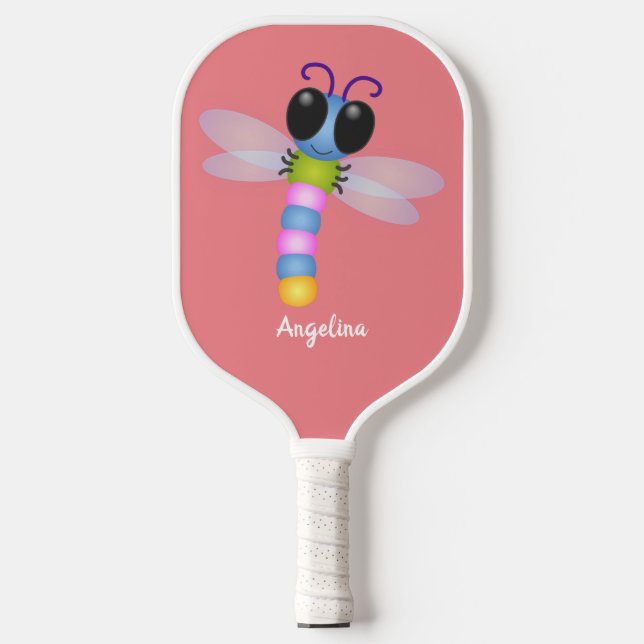Cute blue and pink dragonfly cartoon illustration  pickleball paddle (Front)