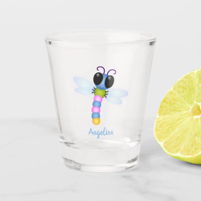 Cute blue and pink dragonfly cartoon illustration shot glass (Front)