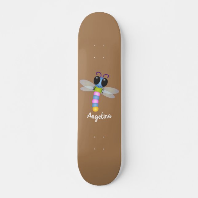 Cute blue and pink dragonfly cartoon illustration skateboard (Front)