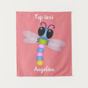 Cute blue and pink dragonfly cartoon illustration  tapestry