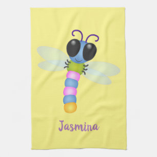 Cute blue and pink dragonfly cartoon illustration tea towel