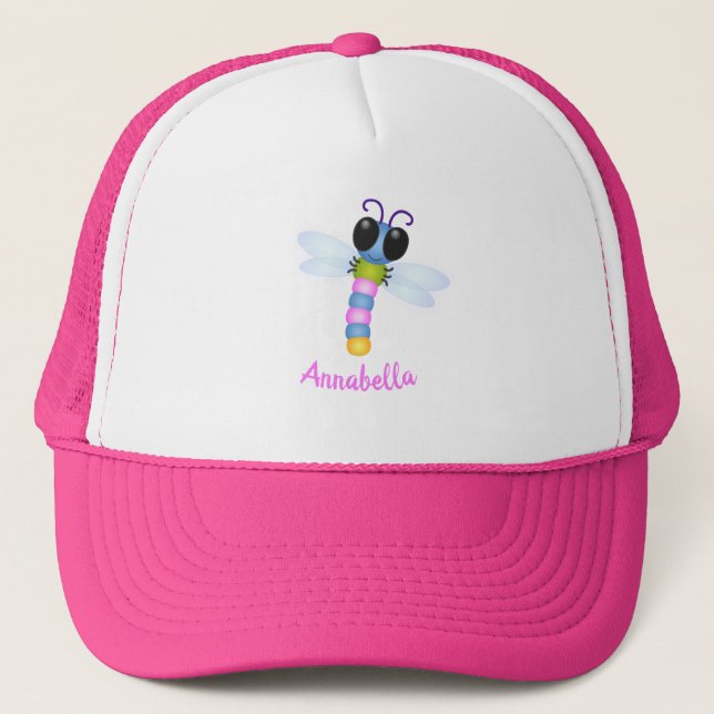 Cute blue and pink dragonfly cartoon illustration trucker hat (Front)