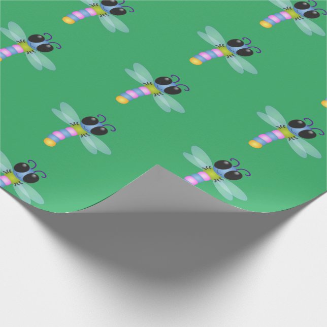 Cute blue and pink dragonfly cartoon illustration wrapping paper (Corner)