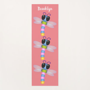 Cute blue and pink dragonfly cartoon illustration yoga mat