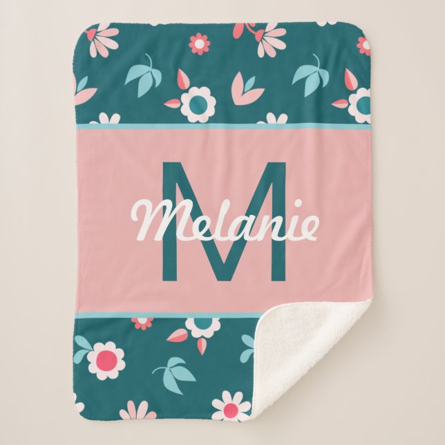 Cute Blue and Pink Personalised Floral Girl's Sherpa Blanket (Front)