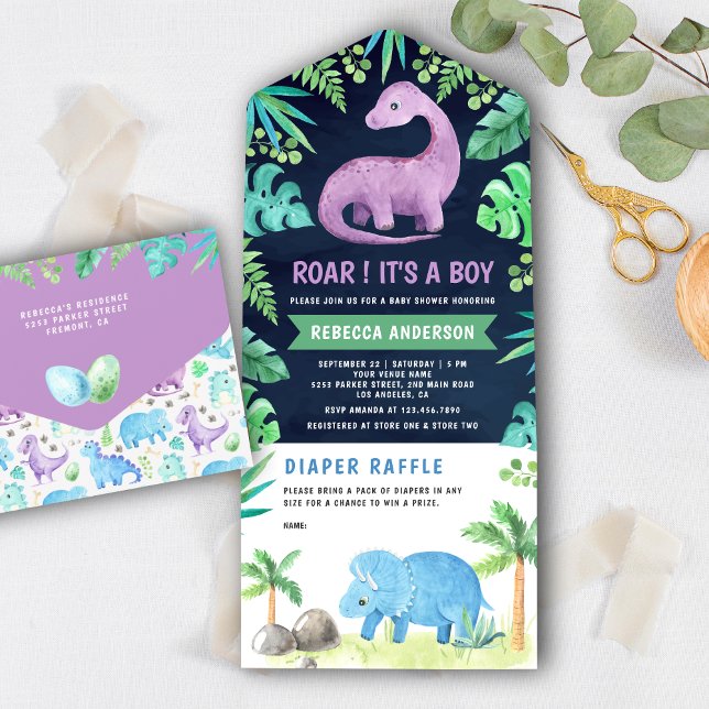 Cute Blue and Purple Dinosaur Navy Baby Shower All In One Invitation (Creator Uploaded)
