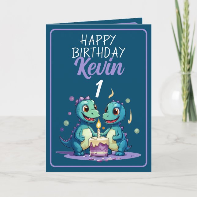 Cute Blue and Purple Dinosaurs Boy 1st Birthday Card (Front)