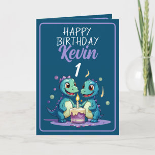 Cute Blue and Purple Dinosaurs Boy 1st Birthday Card