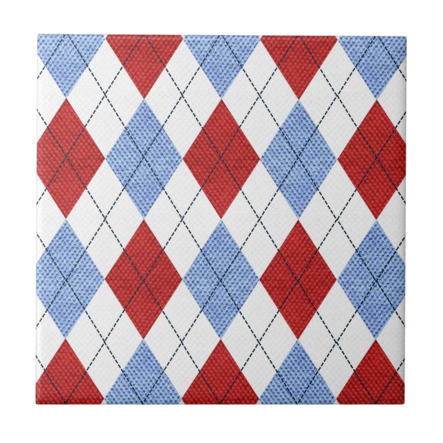 Cute Blue and Red Argyle Fabric Pattern Tile (Front)
