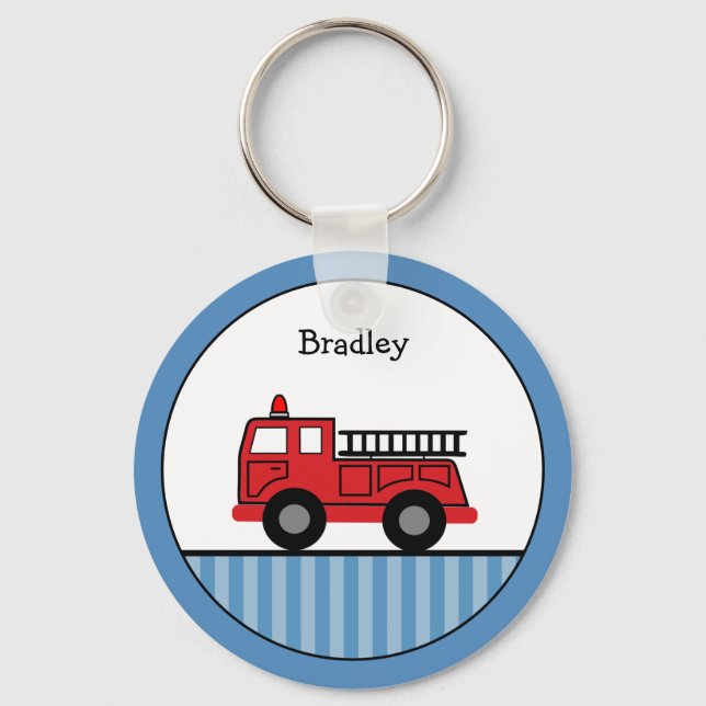 Cute Blue and Red Fire Truck Personalised Key Ring (Front)