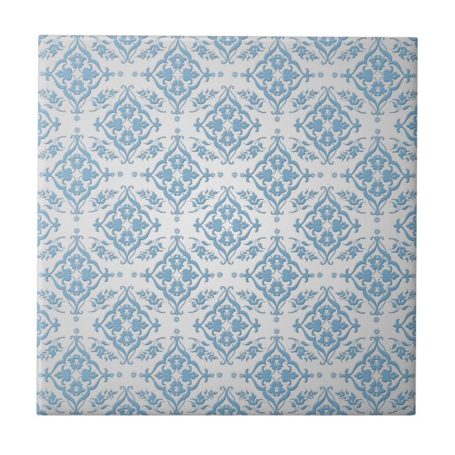 Cute Blue and Silver Damask Pattern Tile (Front)