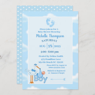 Cute Blue and White Baby Boy Stork Shower Invitation