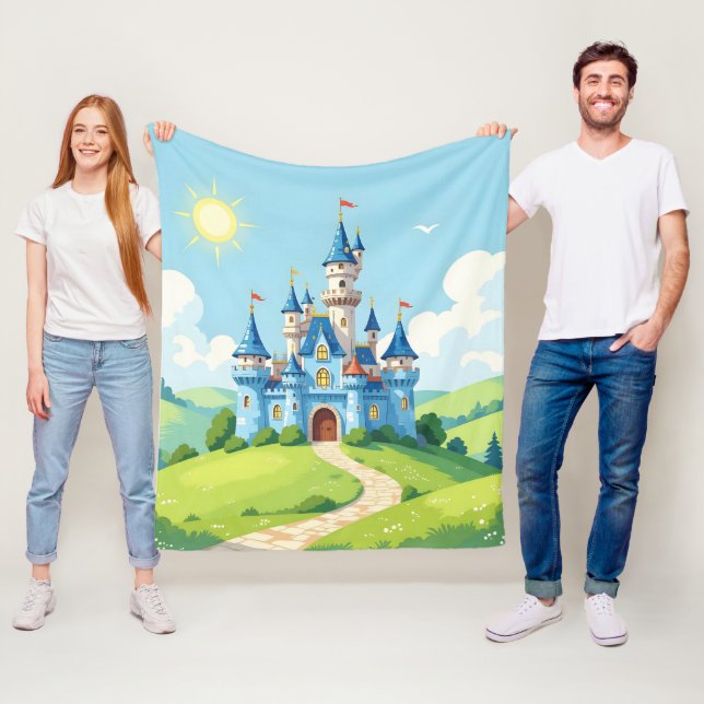 Cute blue and white castle fleece blanket (In Situ)