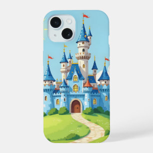 Cute blue and white castle iPhone 15 case