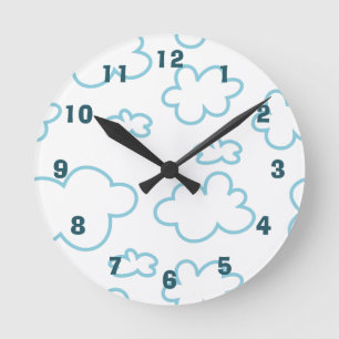 Cute Blue and White Clouds Nursery Round Clock